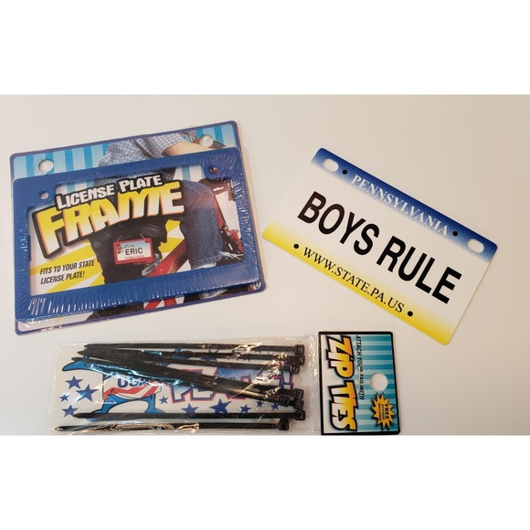 Classic Vintage Boys Rule Bicycle License Plate & Frame with Zip Ties - Picture 1 of 5